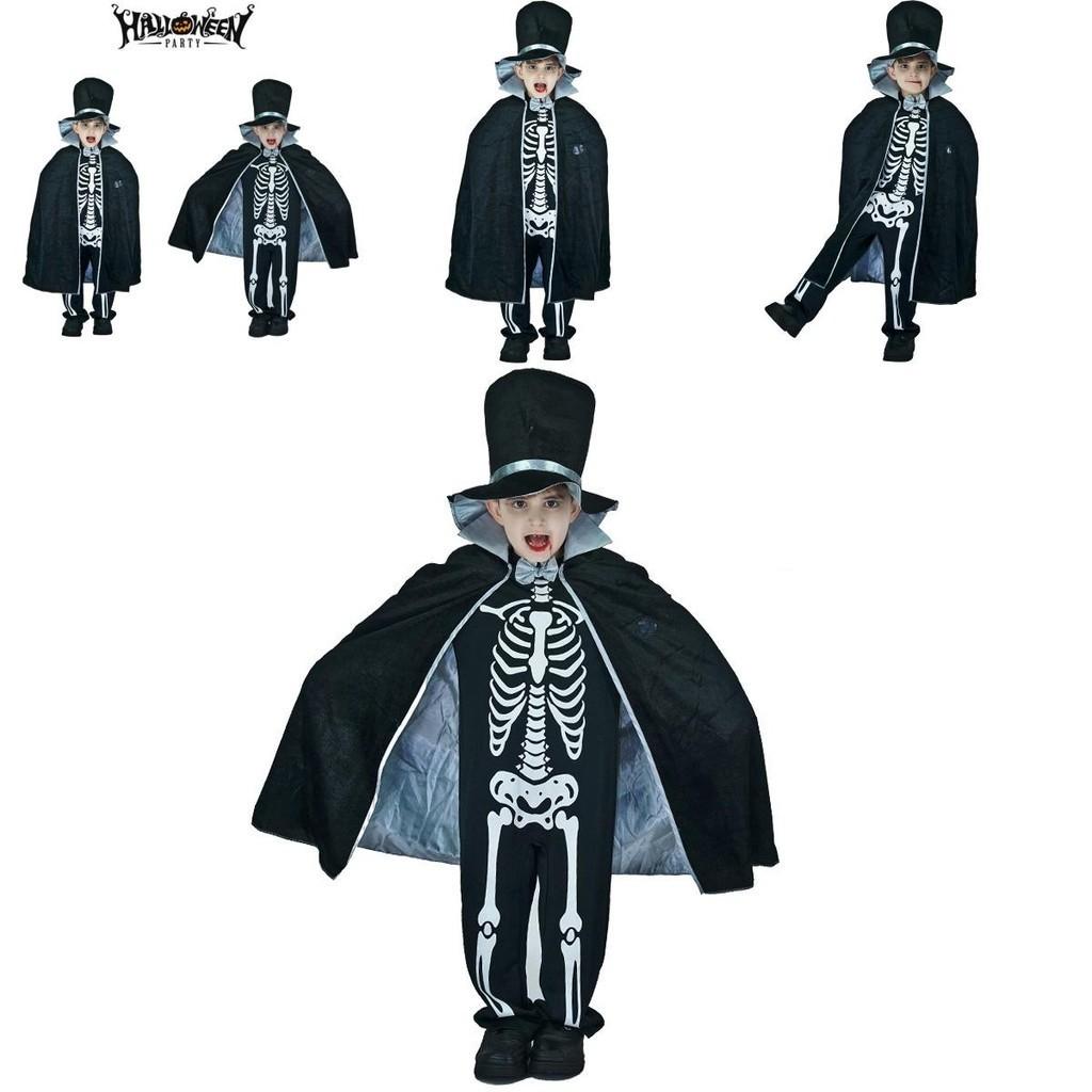 Kids Boy Skeleton Skull Ghost Cloak Halloween Cosplay Party Outfit Costume