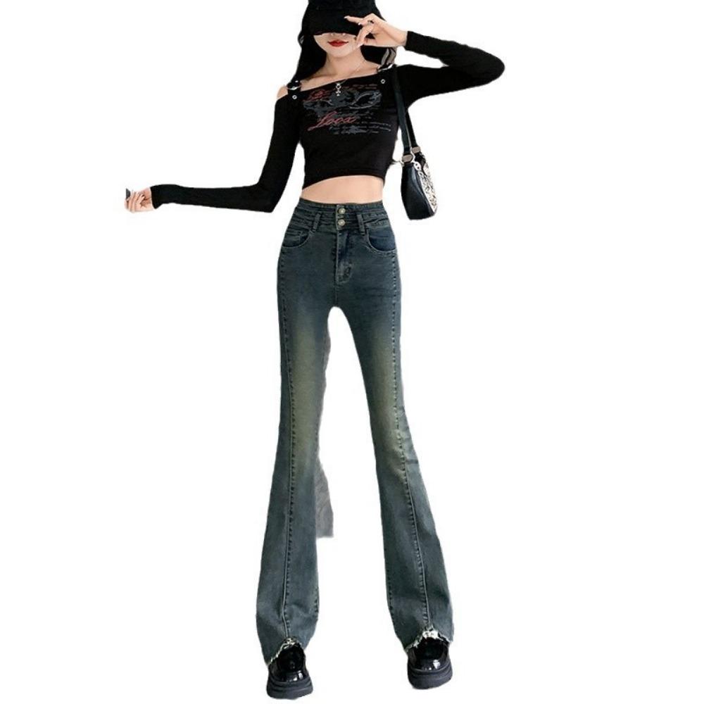 Jean micro-pull tendance personnalisé à double bouton nouveau printemps et automne bord brut ample micro-évasé fer à cheval