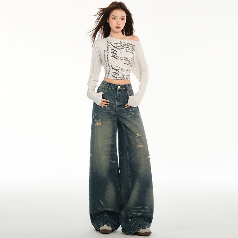 Spring Vintage Distressed Blue Ripped Cat Scratch Relaxed Straight Wide Leg Denim Pants For Women Casual Pants Oversize Denim Trousers