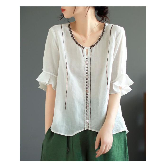 Cotton Linen Women's Blouses Chinese Style Shirts Loose Summer O-Neck Vintage Clothing Solid Short Sleeve Women Tops