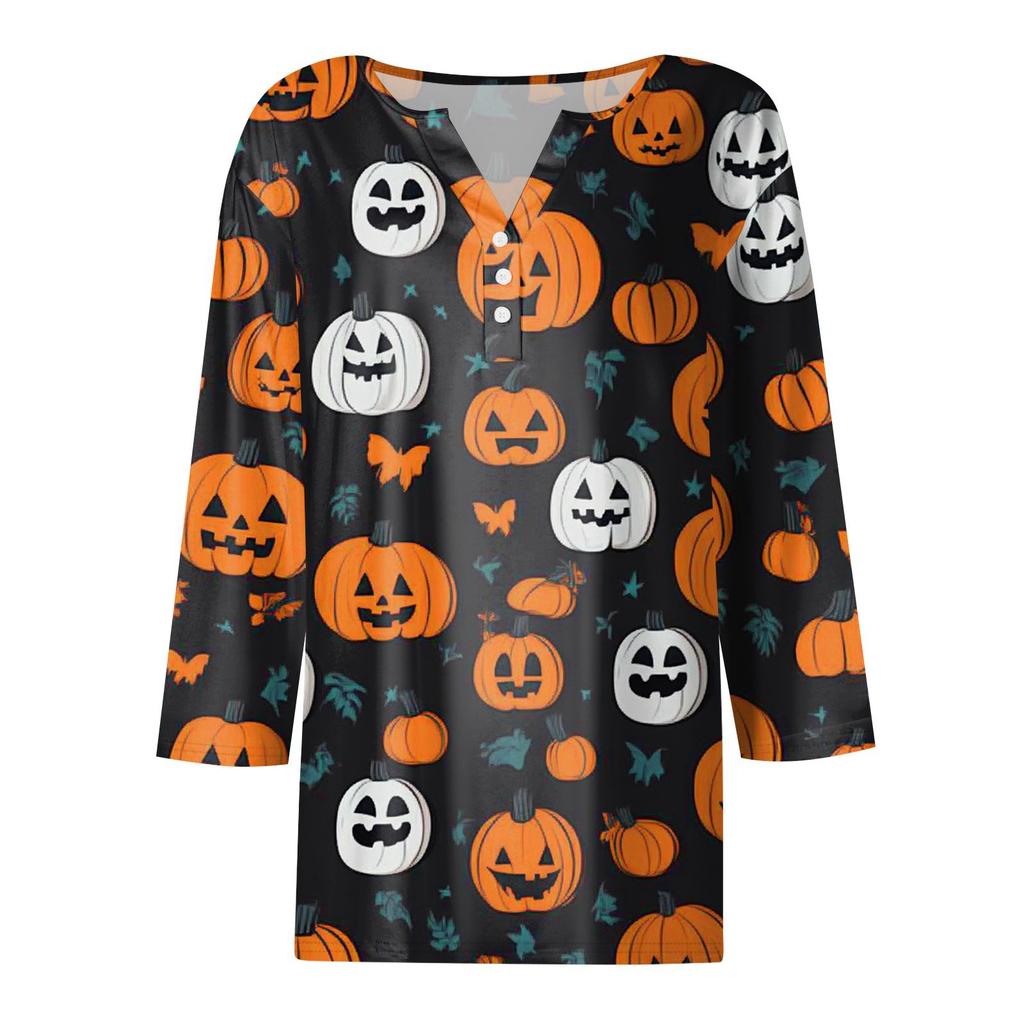 Dámské tričko Halloween potisk knoflík 3/4 rukáv tunika denní víkendová móda základní V-výstřih běžný top