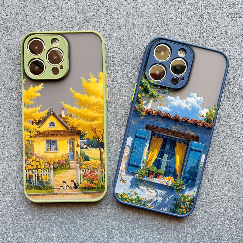 Hand Painted House scenery Phone Case For iPhone 13 12 11 Pro Max Mini 15 14 7 8 Plus Pro Max SE2 X XR XS Shockproof Matte Cover