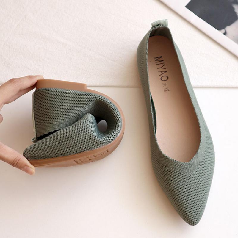 Жіноче взуття Весняно-літнє в'язане односпальне взуття з гострим низом, дихаюче взуття з квасолею, м'яке взуття з неглибоким ротом