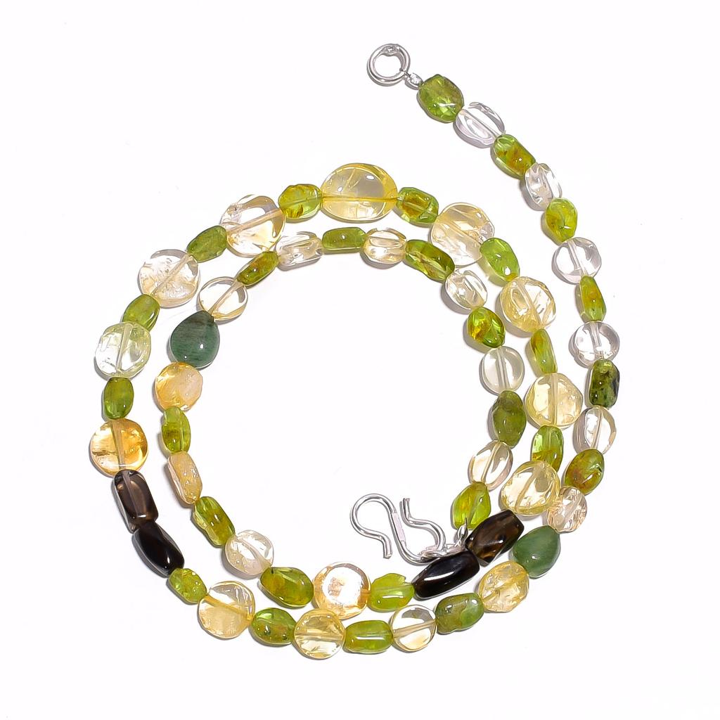 Natural Peridot Citrine Smoky Quartz Gemstone Smooth Beads Necklace 17" UB-4589 UB-4589