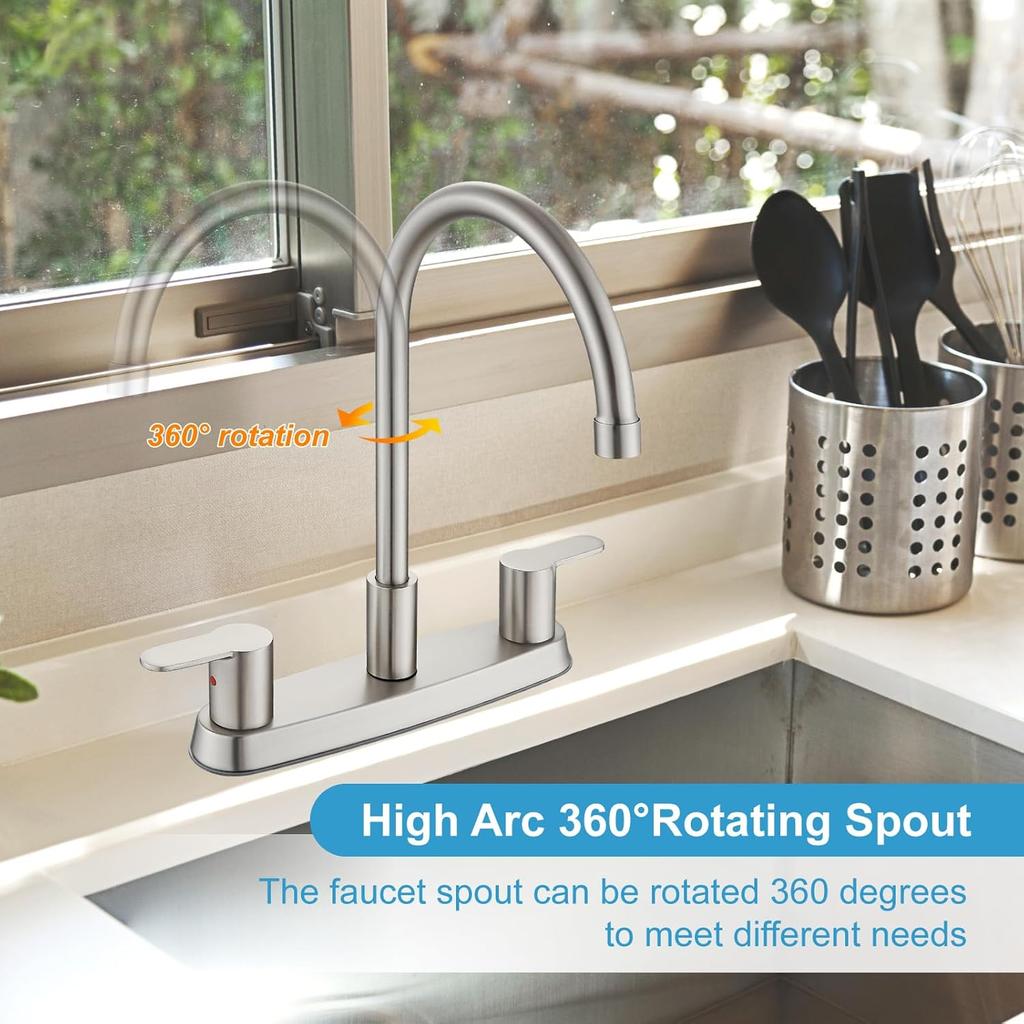 8 Inch Centerset Kitchen Faucet for Sink 3 Hole Dual Handle Kitchen Sink Faucets High Arc 360 Degree Rotating Spout with Supply Lines, Brushed