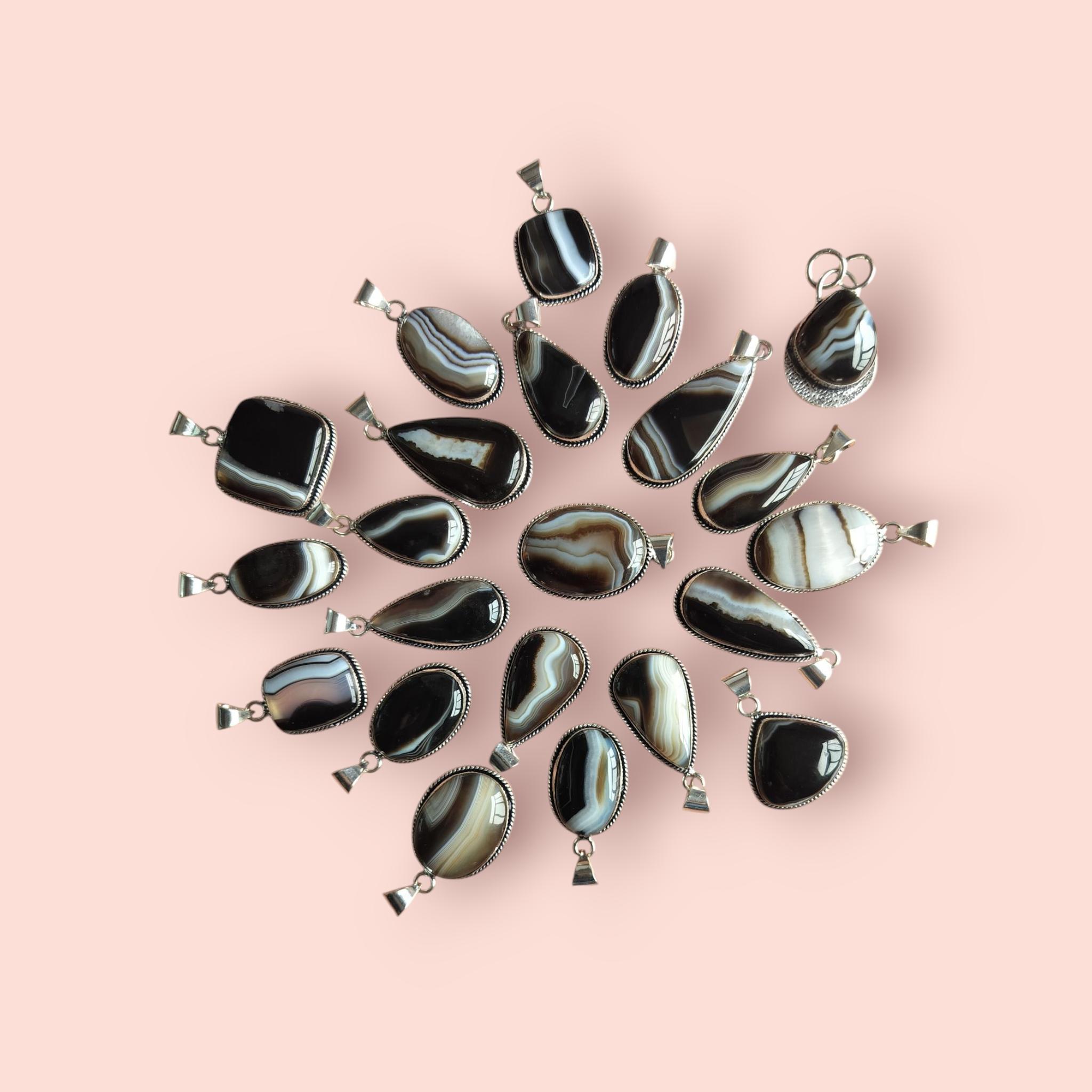 

10 pcs Pendant Black Botswana Agate Mix Lot Gemstone Ethnic Style Silver Jewelry чёрный