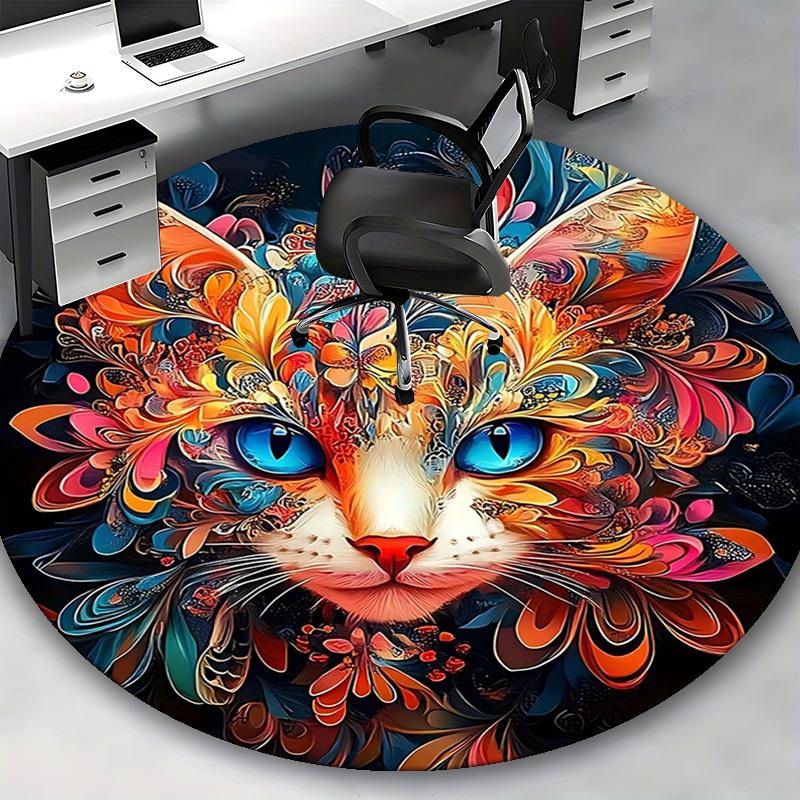 1pc Colorful Floral Cat Round Carpet Office Chair Mat, Anti Slip Rug for Home Decor, Festival Gift, Office, Living Room, Bedroom
