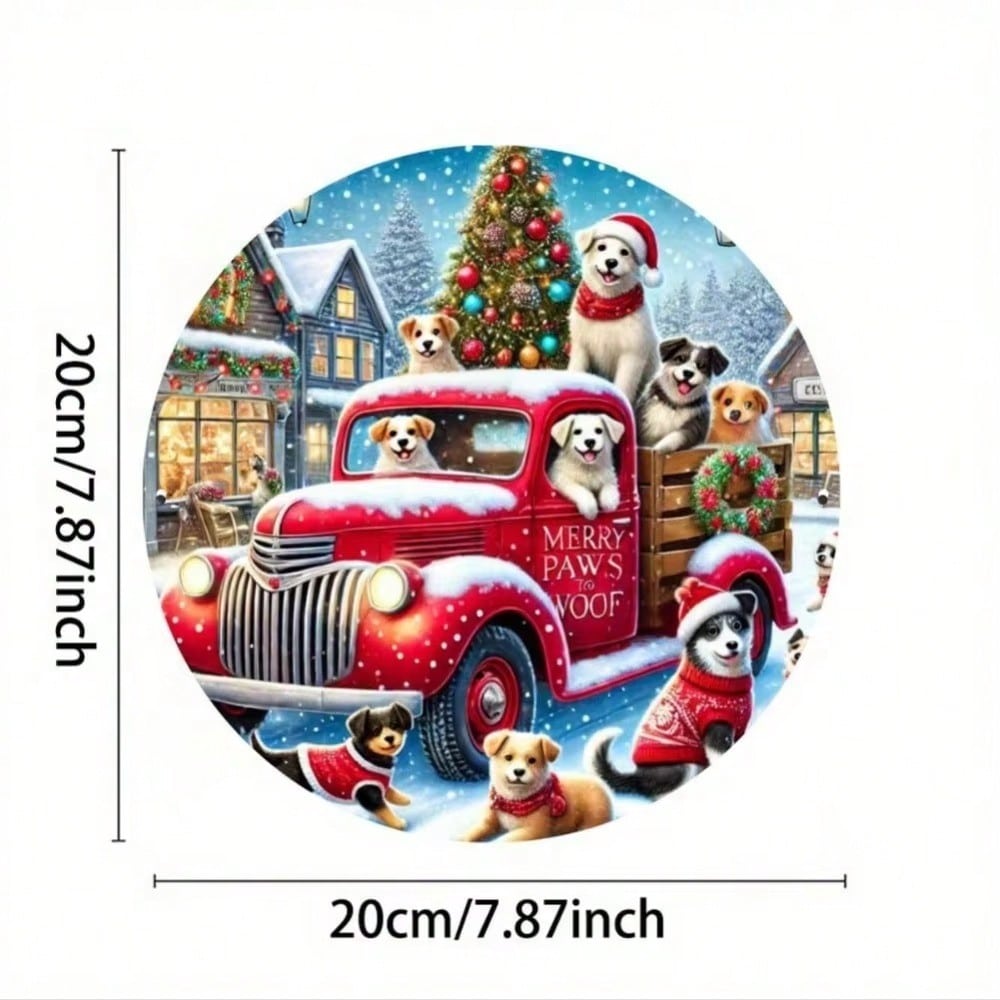 Vintage Metal Round Truck Sign 8x8 Inch Rustic Christmas Wall Decor with Dog Wreath