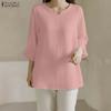 ZANZEA Women Casual V-Neck Solid Color Loose 3/4 Sleeve Blouse