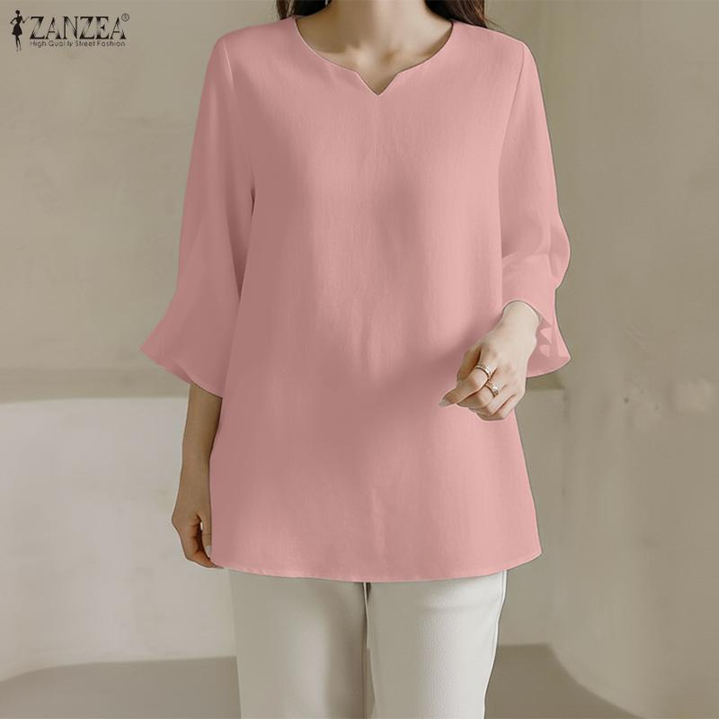 ZANZEA Women Casual V-Neck Solid Color Loose 3/4 Sleeve Blouse