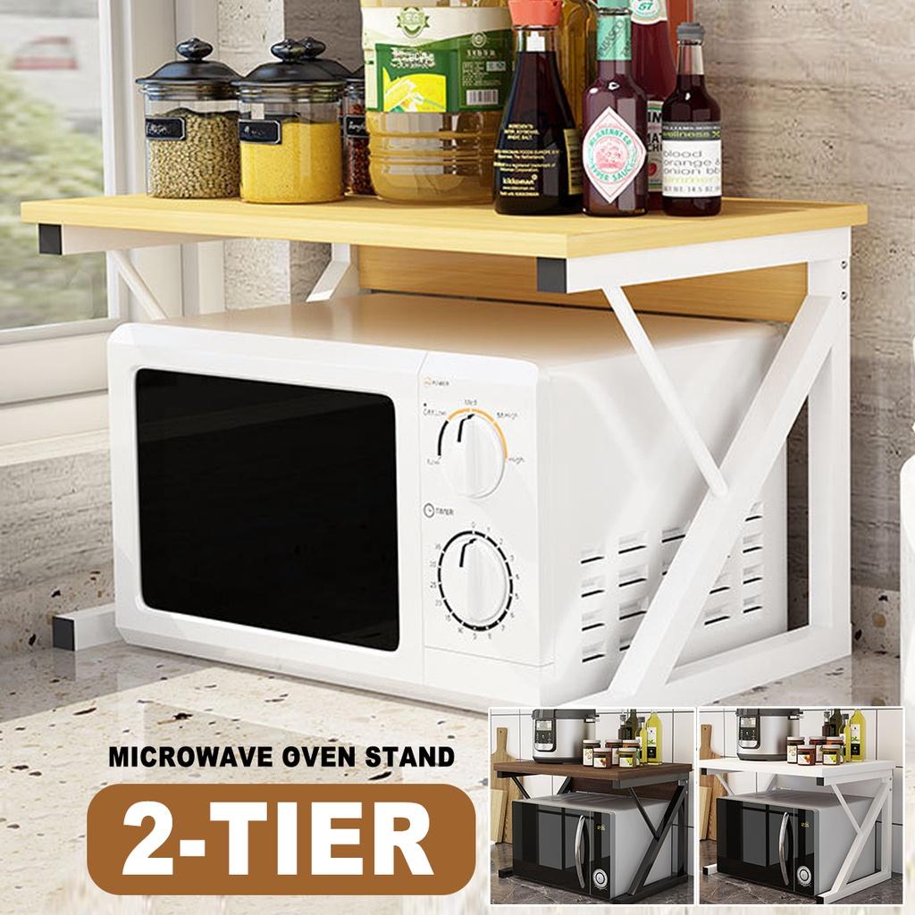 2 Tier Microwave Oven Stand Wood Storage Rack Shelf Z Shape Space Saving Kitchen Bracket Cabinet Organizer Metal + Wood 21.25x13.77x14.17in