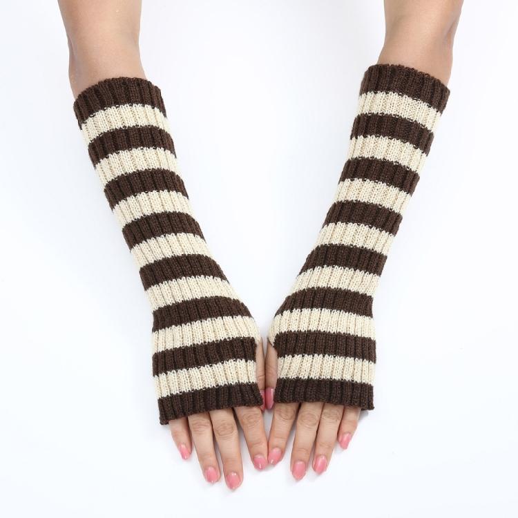 Teenagers Winter Half Finger Mitten Stripe Pattern Knit Keep Warm Lengthen Wrist