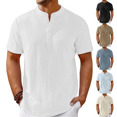 Vintage Henley Shirts for Men, Linen-Cotton Striped Tops, Loose Fit Casual Streetwear Summer Shirts Wholesale