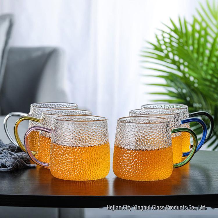 Colored Handle Hammered Glass Cup - Single Layer, Heat-Resistant, Transparent for Water, Milk, or Tea