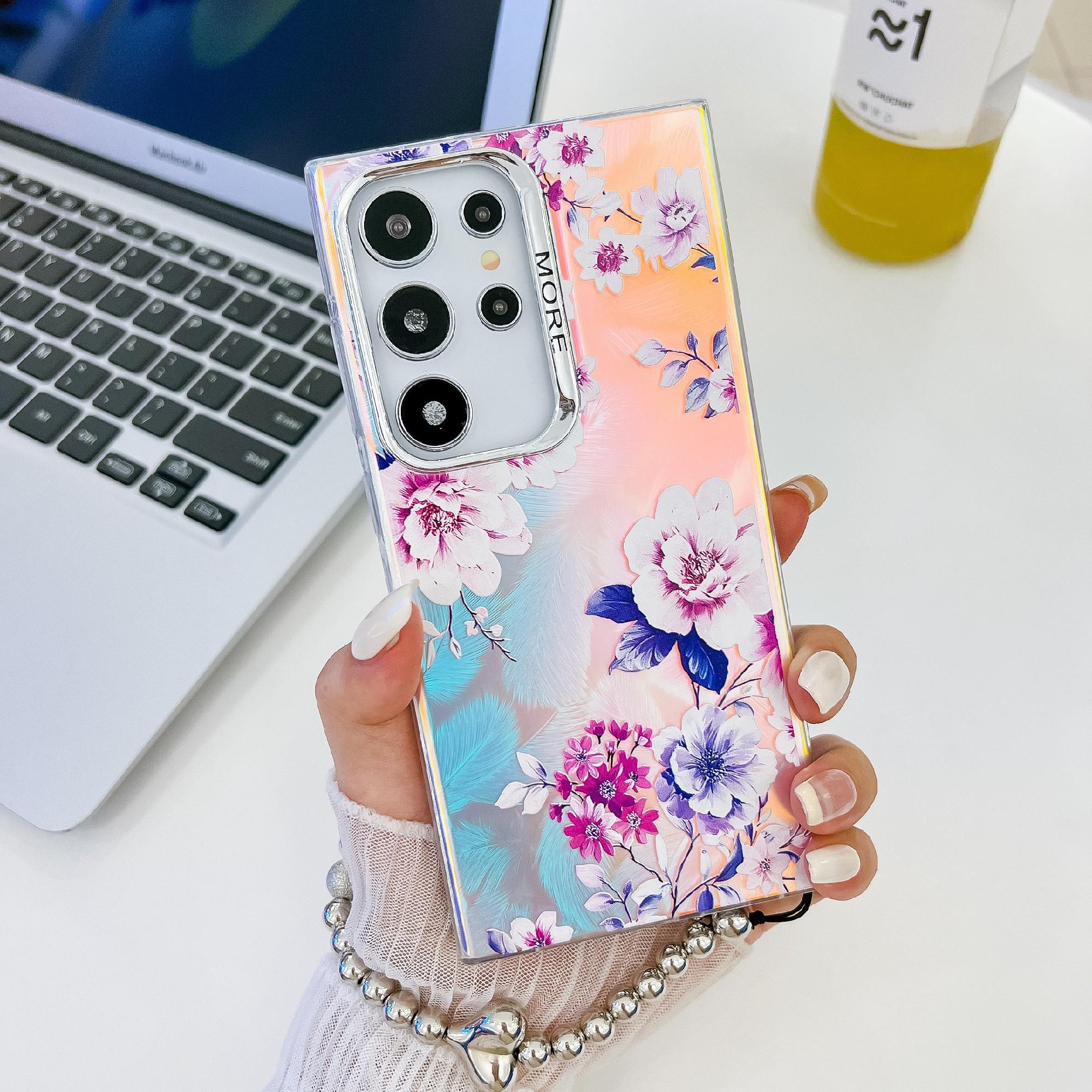 

Для Samsung Galaxy S24 Ultra чехол TPU+PC цветочный узор лазерная текстура чехол для телефона с браслетом из бисера AH11