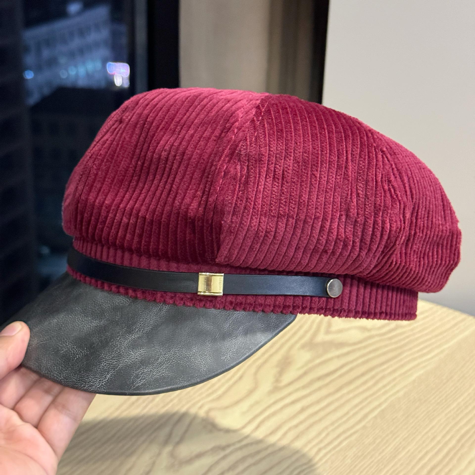 

Новая ретро восьмиугольная шляпа с широкими полями, сшитая из искусственной кожи, для женщин, весна и осень, корейская версия, повседневная универсальная вельветовая шляпа художника Adjustable