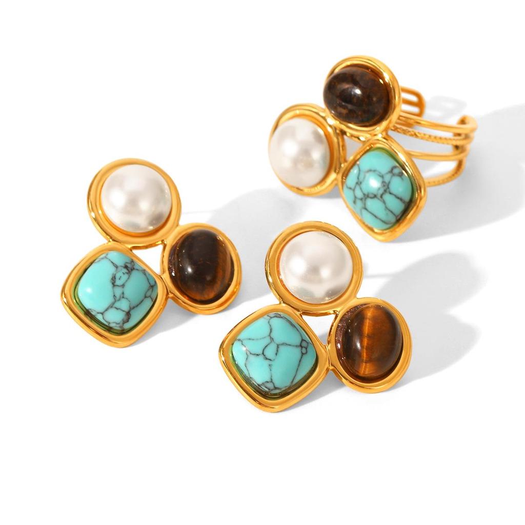 Stainless Steel Natural Stone Turquoise Earrings: High-End Niche Titanium Steel Jewelry