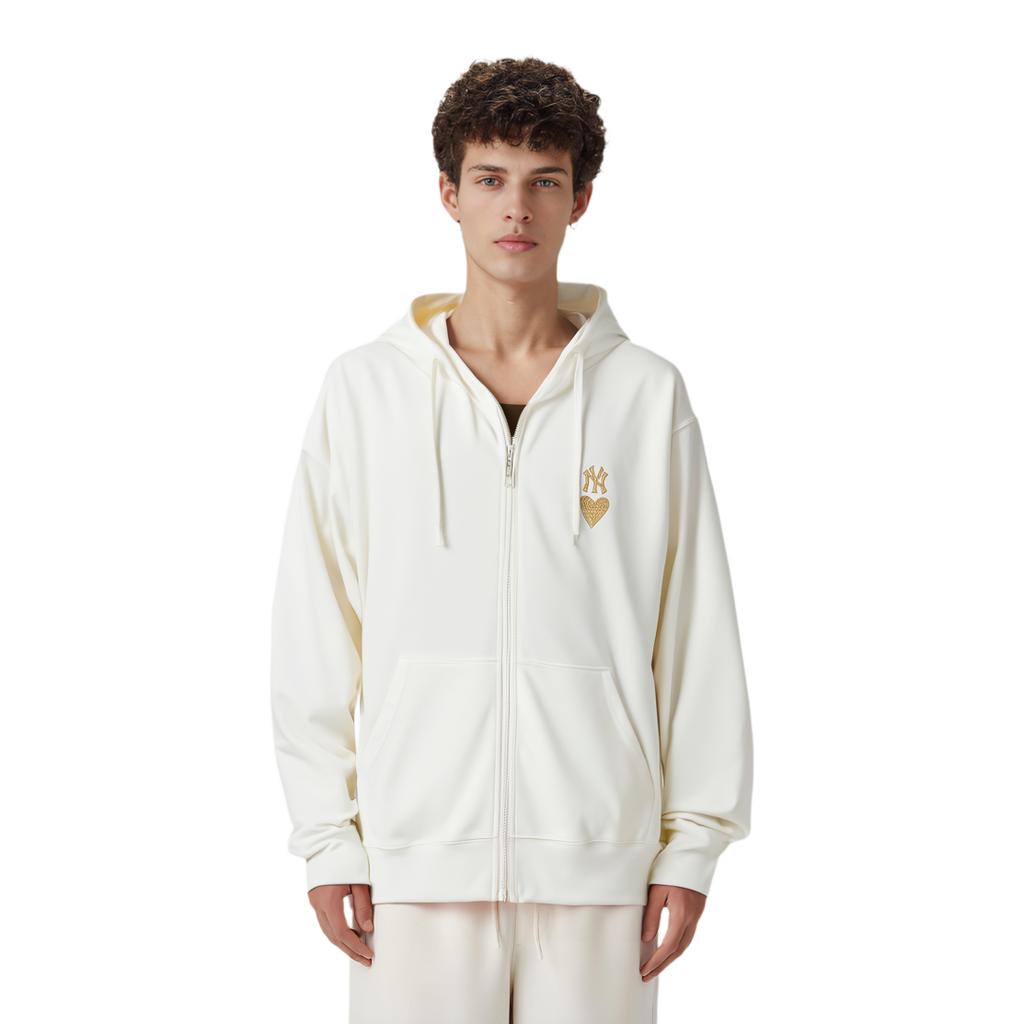 MLB SS24 New York Yankees Embroidered Logo Hooded Long Sleeve Zip-Up Sweatshirt Unisex sweatshirt Cream 3ATRH0141-50CRS