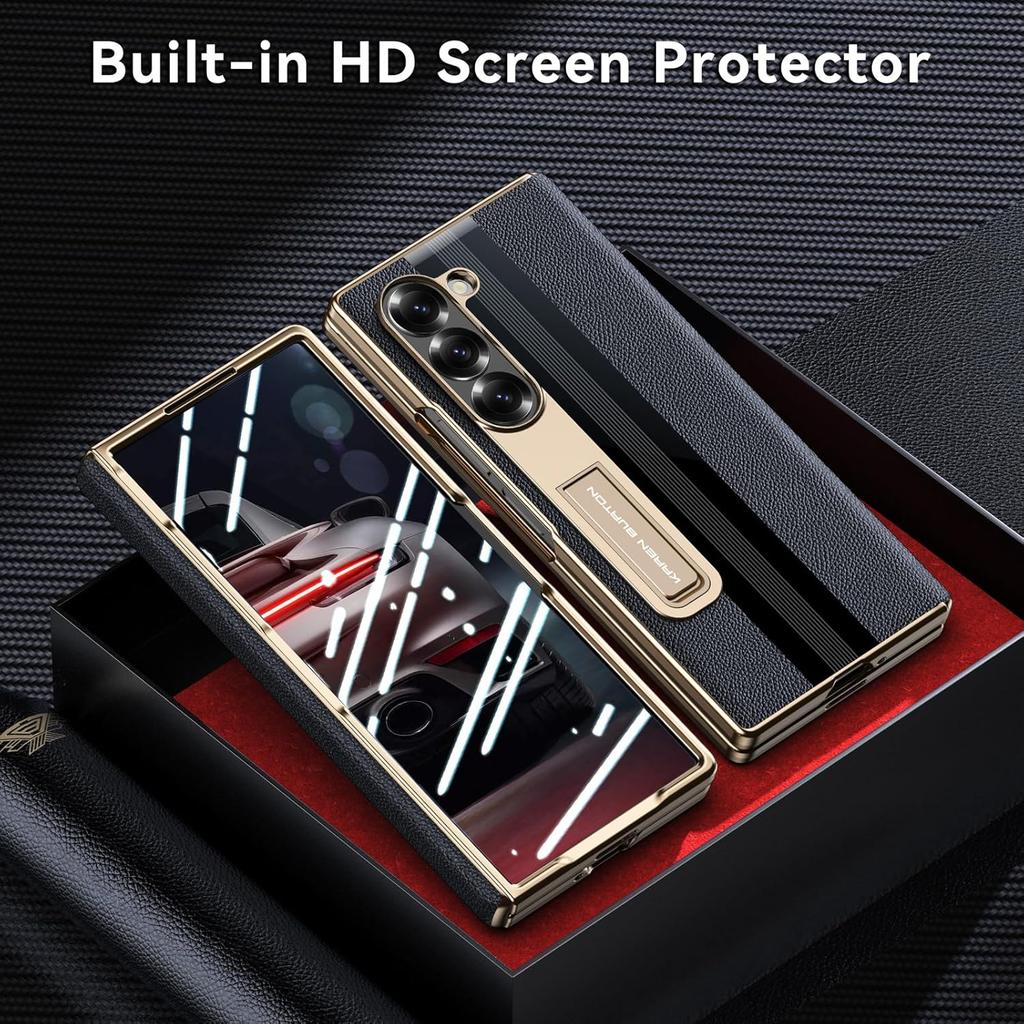 for Samsung Galaxy Z Fold 6 Phone Case [Luxury Premier Genuine Leather] [Full Body Hinge Protection] [Built-in Screen Protector] [Kickstand Slim
