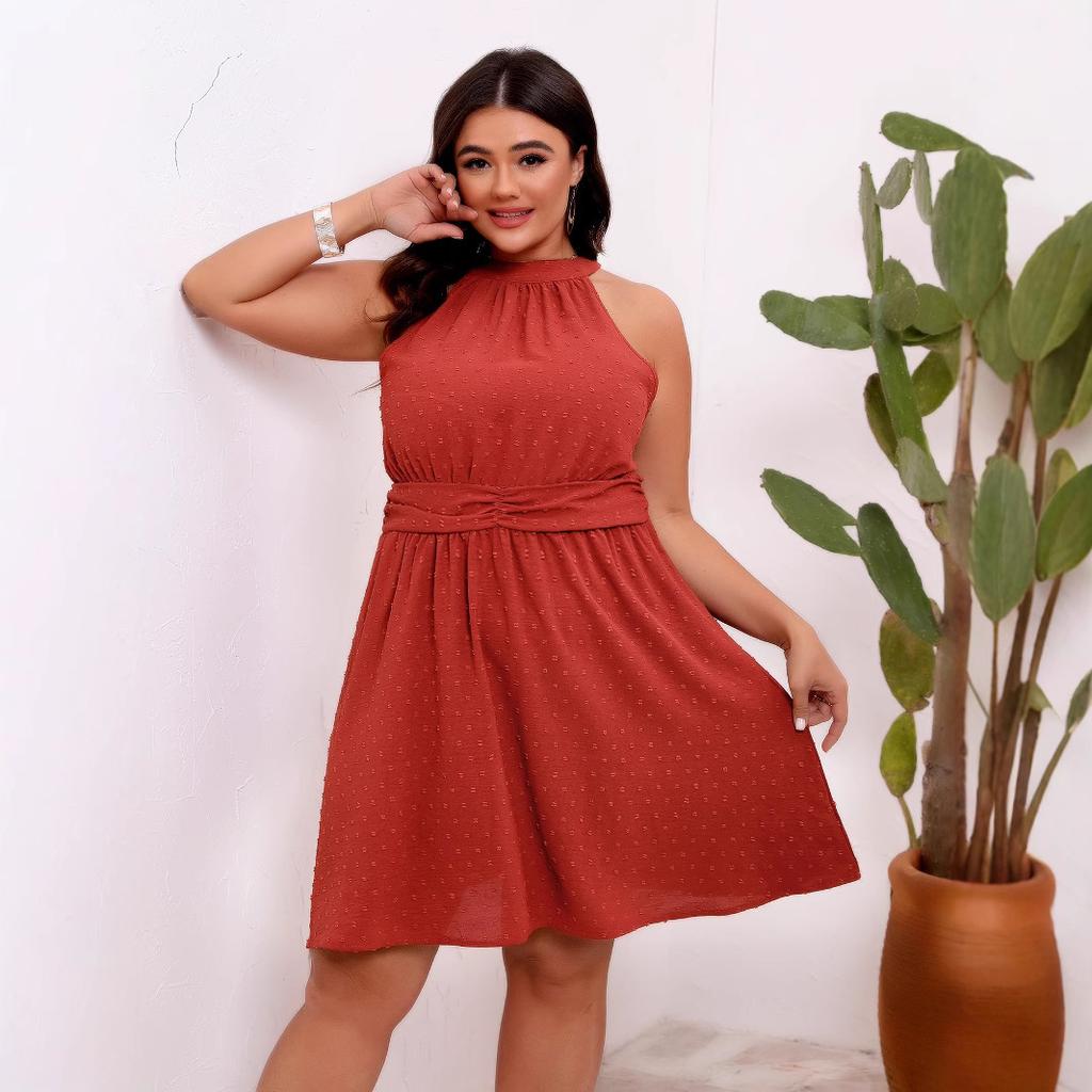 QICED Summer Women's Dress In Large Size, Semi-high Neck, Halter, Cinched Waist, Jacquard Solid Color