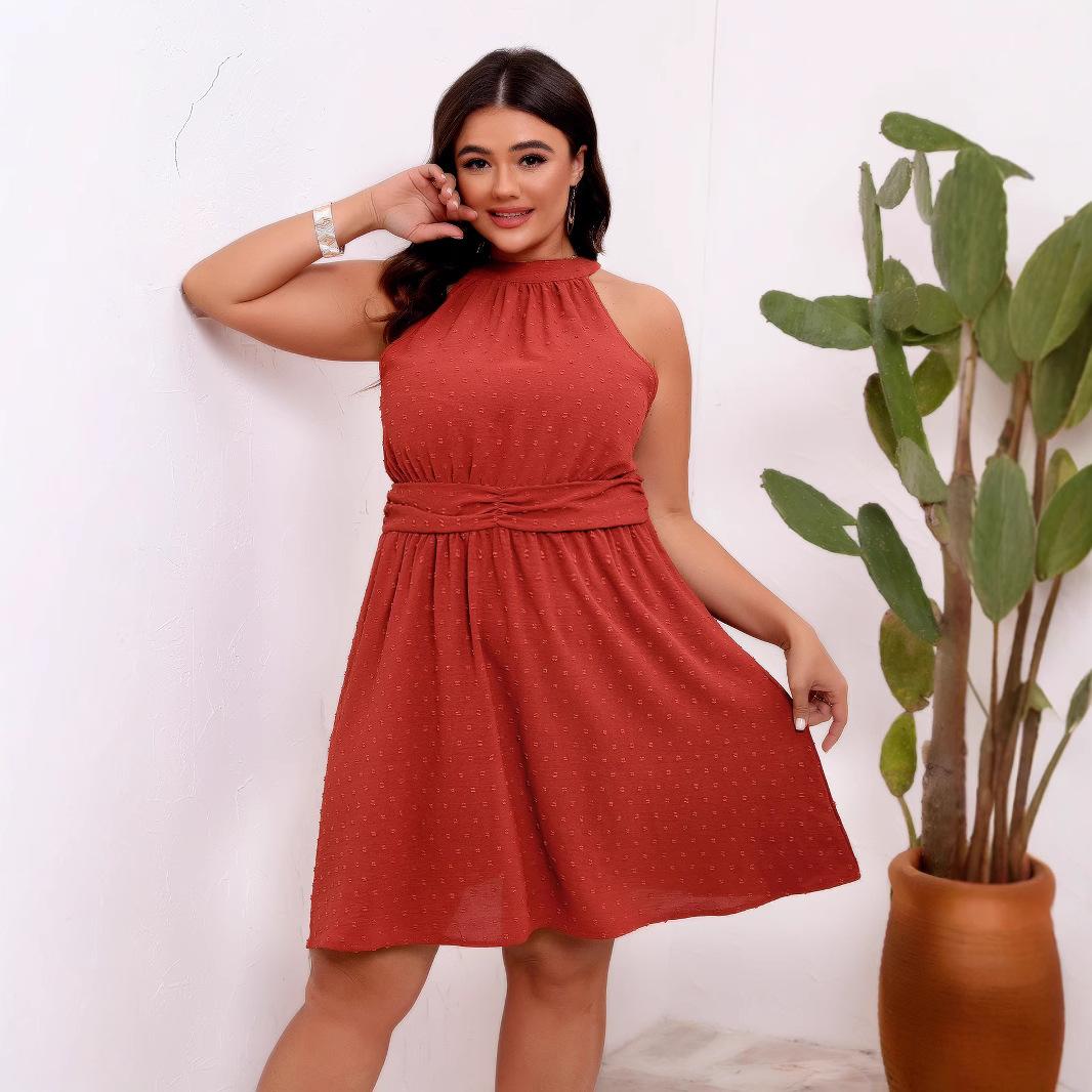

GMXIA Summer Women s Dress In Large Size, Semi-high Neck, Halter, Cinched Waist, Jacquard Solid Color L оранжево-красный