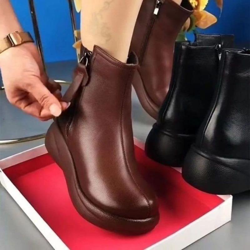 Soft Leather Ankle Boots with Fleece Shoes, Muffin Thick-soled Boots with Thick Cotton Boots, Women's Boots