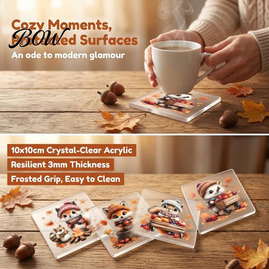 Double Sided Printed Drink Coasters 4Pcs Maple Leaf Squirrel Acrylic Coaster, 2D Reversible Cup Mat for Coffee Halloween Brain Pattern Table