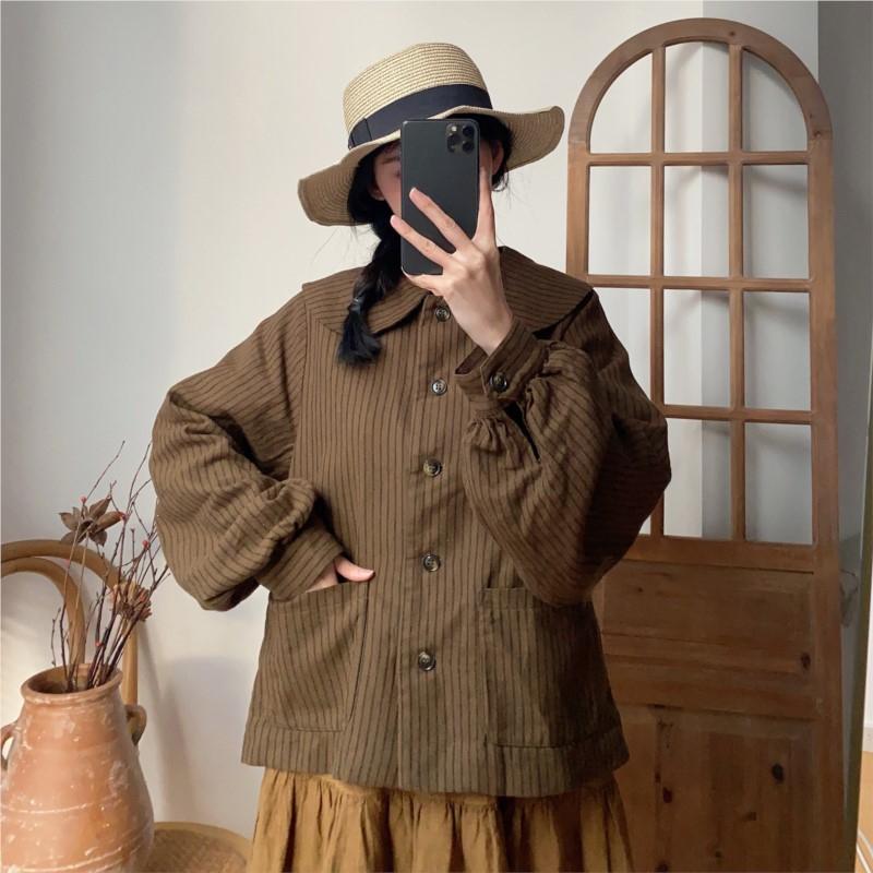 Johnature Jackets Spring Vintage Casual Turn-down Collar Striped All Match Pockets Loose Female Coats