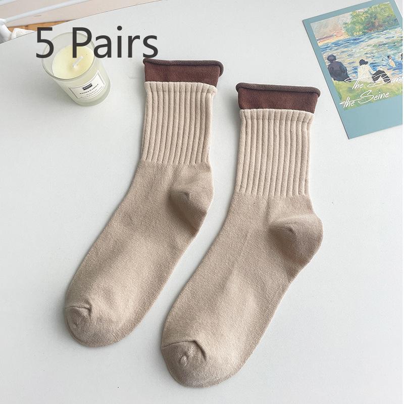 5 Pairs of Female Autumn Patchwork Double Candy Color Mid Tube Socks