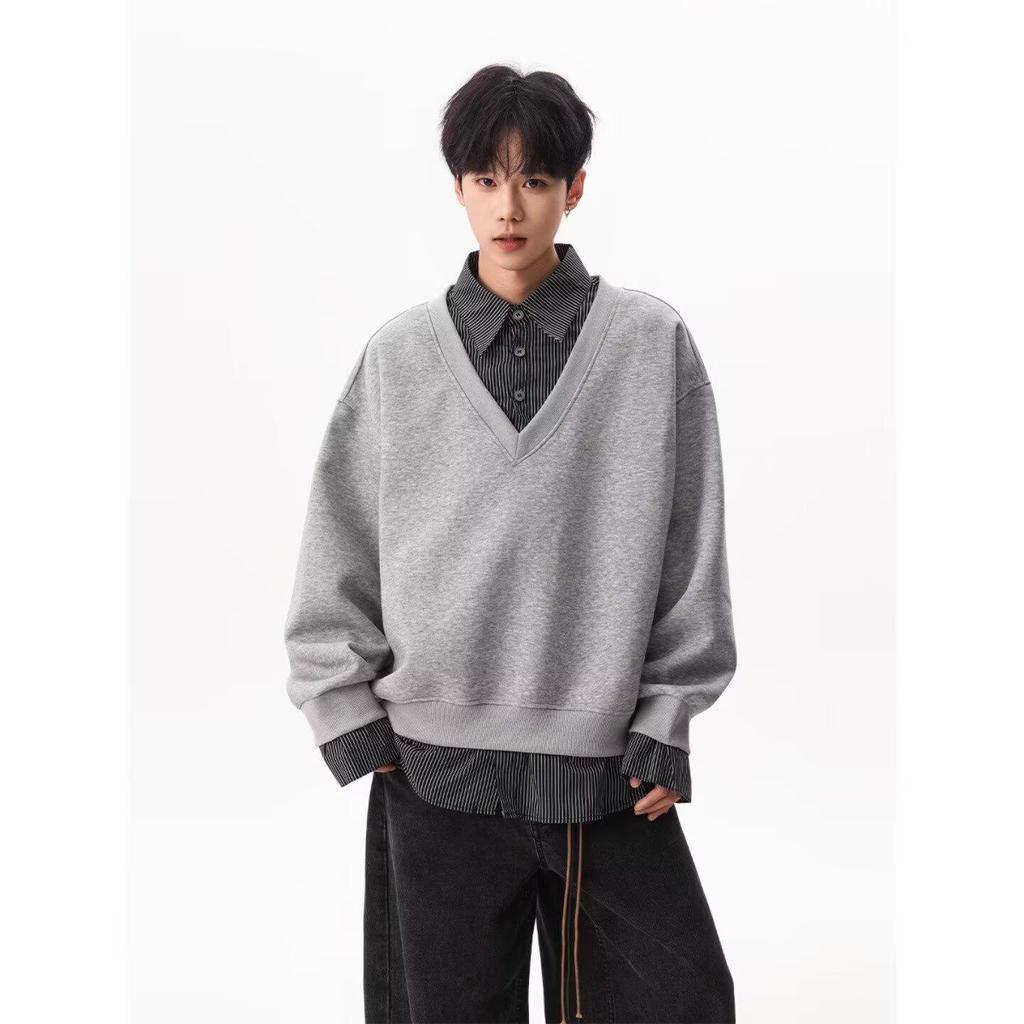 Autumn Faux Two-Piece Hoodie - Unisex Korean Style Loose Pullover with Shirt Collar
