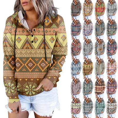 Women's Casual Fashion 2022 Ethnic Print Long Sleeve Pullover Hooded Top