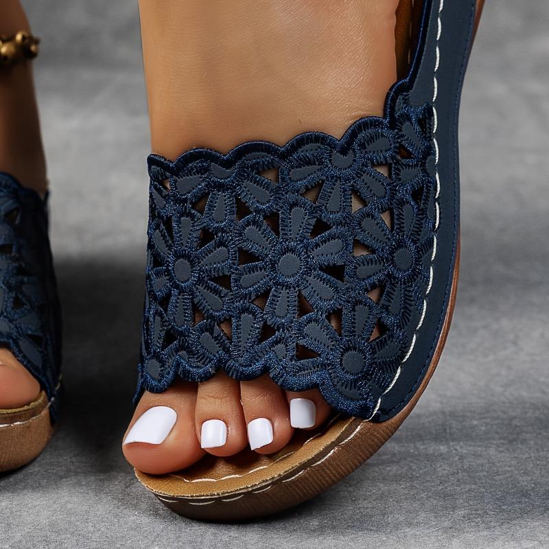 Women'S Elegant Floral Wedge Sandals - Lightweight, Comfortable Open-Toe Strappy Slippers with Mid Heel, Synthetic Upper