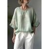 Elegant and stylish cotton-linen round-neck short-sleeve top, new summer model, versatile and loose-fitting plus-size women's clothing