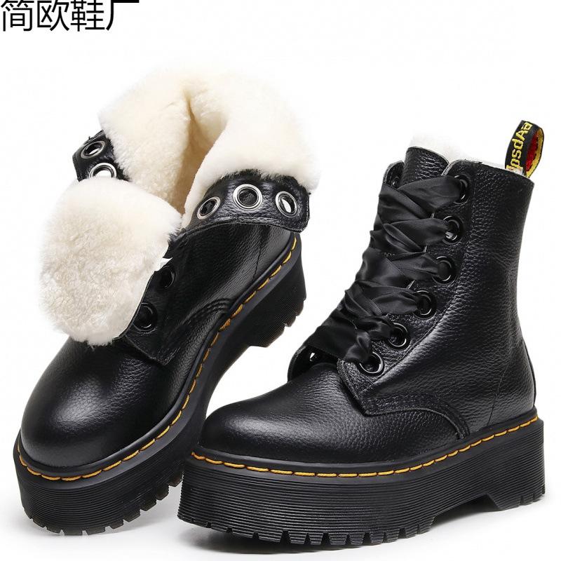 Real wool thick bottom hole fashion boots women s 6 British women s short boots lychee pattern muffin machine 34