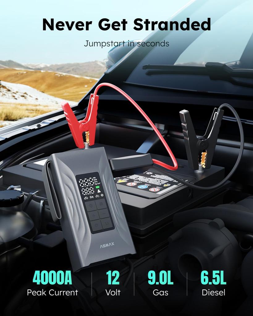 ASMAX T20 Jump Elektrická vzduchová pumpa pro 12V 4000A Špičkový startér motoru pro 150 PSI Nouzový start motoru pro 12000mAh Velký Kompatibilní až do 9L