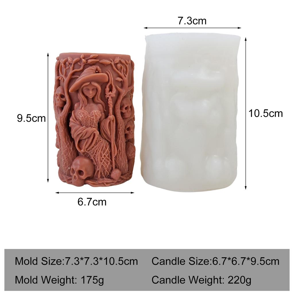 3D Relief Häxkalle Cylinder Silikon Ljusform Halloween Aromljus Gips Hartsform DIY Ljusgjutningsmaterial