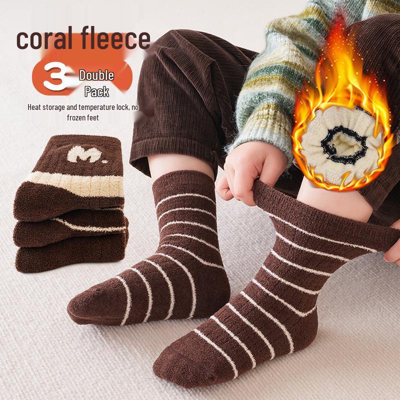Çocuk Çizgili Mercan Polar Kışlık Çoraplar: Erkek ve Kız Çocukları İçin Sıcak Bilek Üstü Çift Taraflı Yumuşak Çoraplar