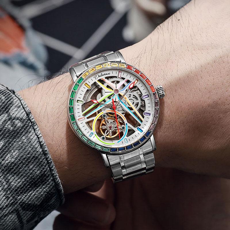 New Hollowed Out Fully Automatic Mechanical Watches for Men Fashion Color Diamond Stainless Steel Luminous Waterproof Watch
