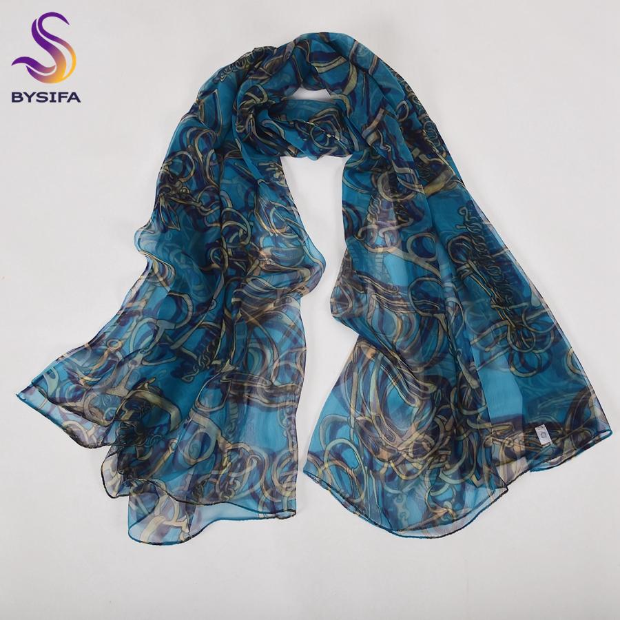 Fall Winter Blue Silk Scarf Shawl Printed Fashion Women Brand Long Scarves New Spring Chain Design Ladies Neck Scarf