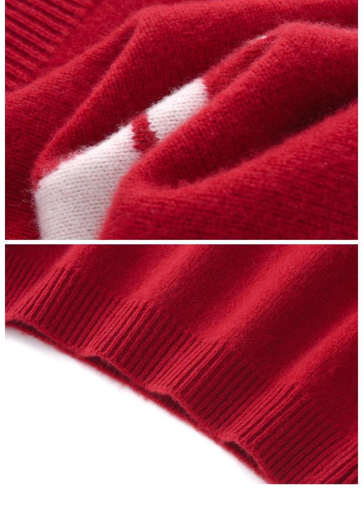 100% Wool New Year Sweater with Little Horse Pattern, Thickened Red Knit Pullover