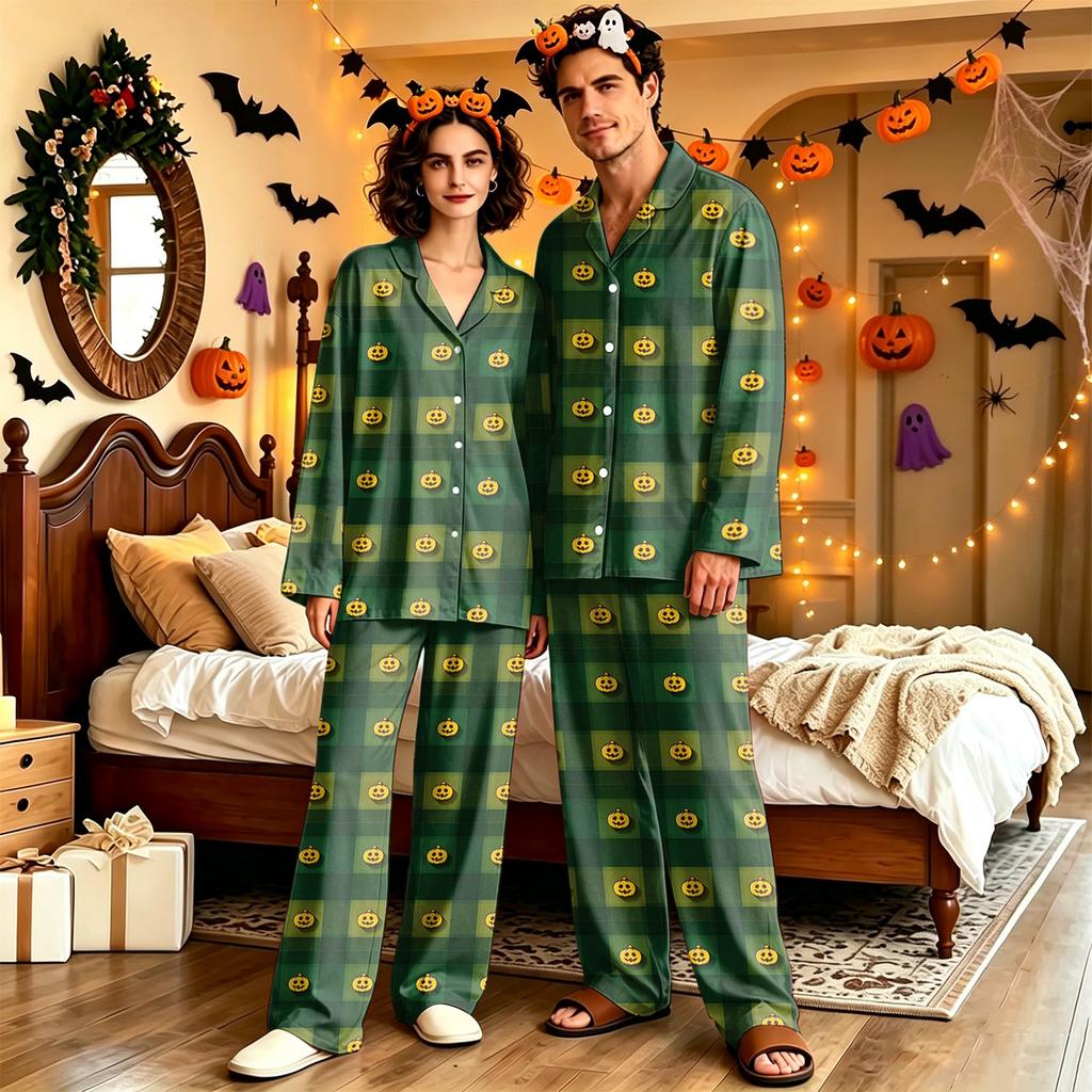 Adult Halloween Print Long Sleeve Pajama Set with Pants, Casual Loose Fit Loungewear