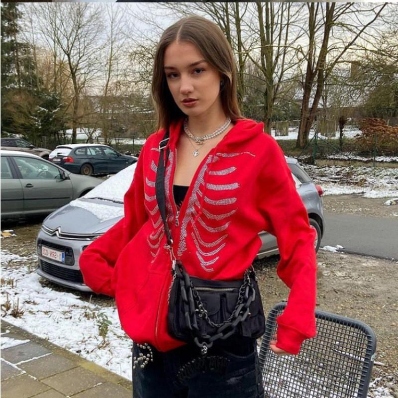 Damska bluza z kapturem i zamkiem, oversize, z kamieniami strasu na piersi, gładka, streetwear, casualowy top