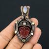 Red Carved Bone Face Gemstone Copper Wire Wrap Pendant Jewelry Gift For Her