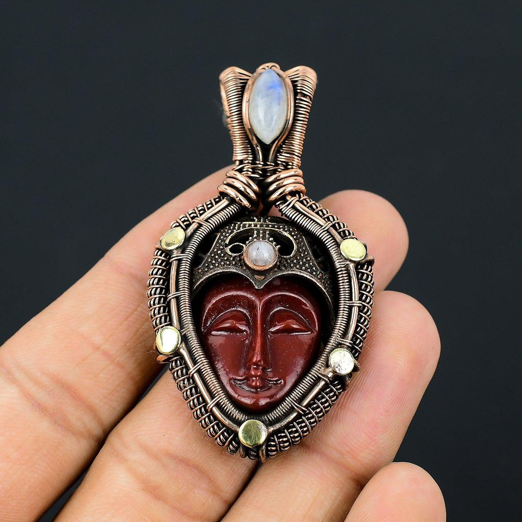 Red Carved Bone Face Gemstone Copper Wire Wrap Pendant Jewelry Gift For Her