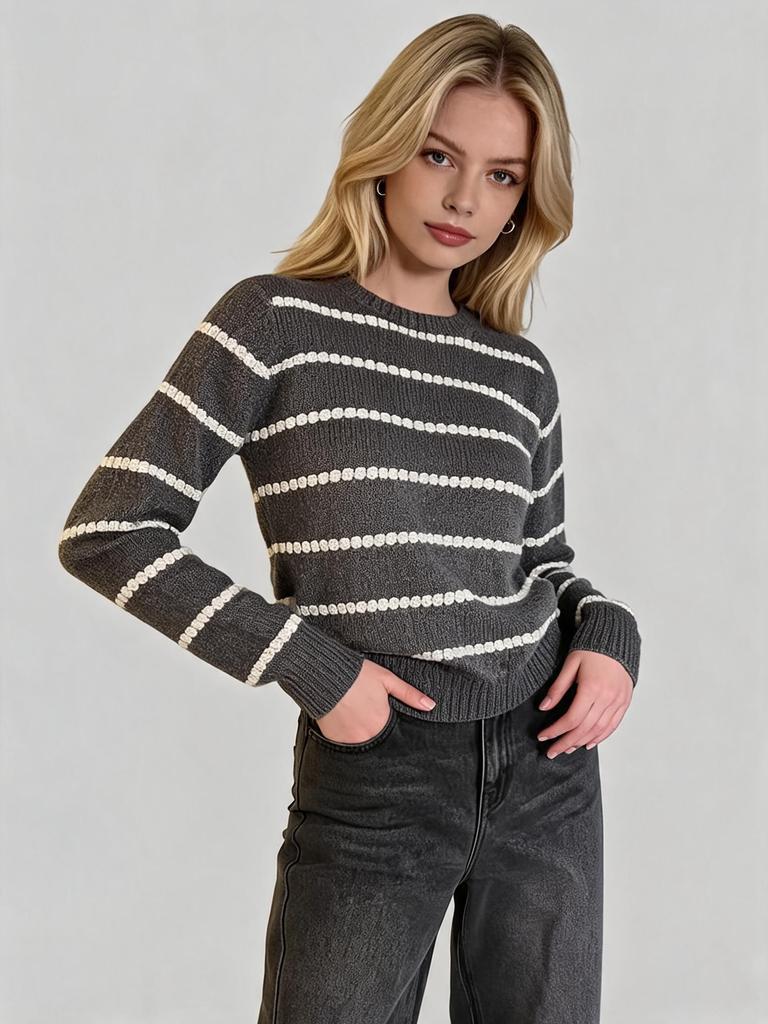 Autumn New Striped Knit Sweater for Women, Crew Neck Long-sleeve Sweater, Loose Versatile Top, European and American Style Fashion Set