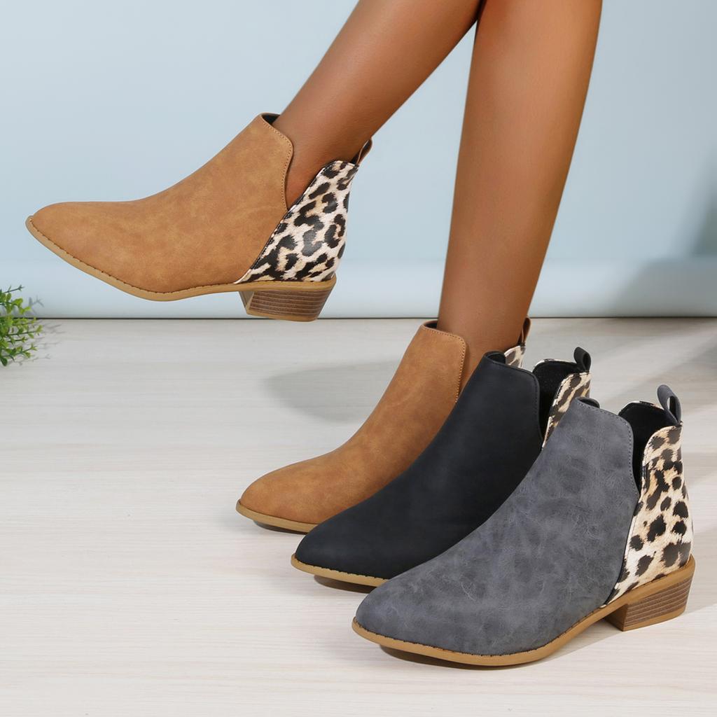 Fashion Leopard Winter Sexy Women Ankle Boots Autumn Female Short Zip Chelsea Boots Retro Round Toe Square Heel Size 36-43