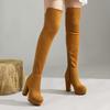 Slanke Lårhøye Støvletter i Semsket Skinn Dame Platform Tykke Høye Hæler Over Kneet Støvletter Dame Nye Høst Vinter Stretch Sko Damer