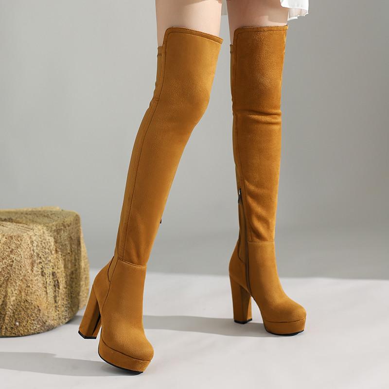 Slanke Lårhøye Støvletter i Semsket Skinn Dame Platform Tykke Høye Hæler Over Kneet Støvletter Dame Nye Høst Vinter Stretch Sko Damer