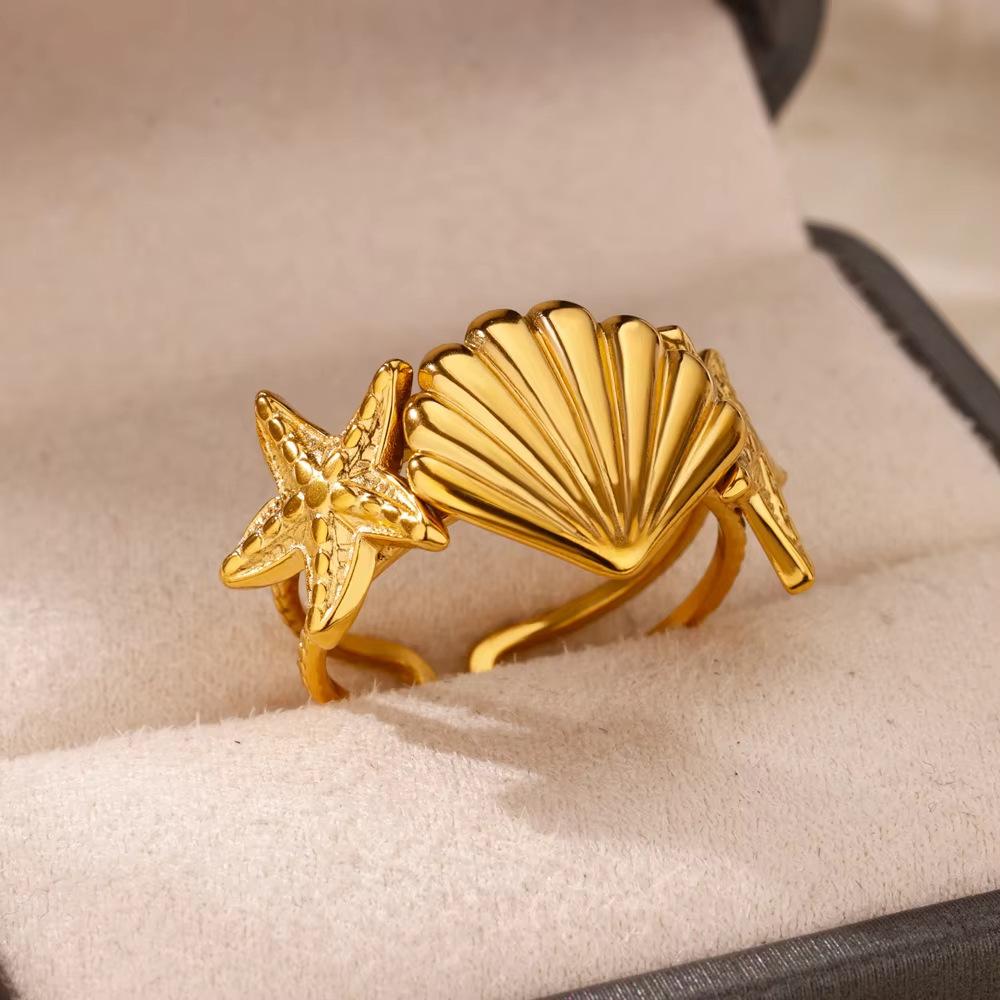Creative oil pressure starfish conch titanium steel ring female zircon inlay with design summer beach jewelry