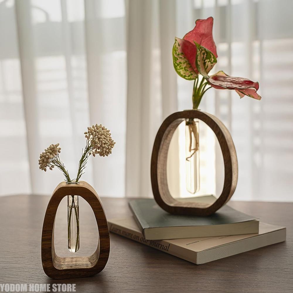 1ks Ořechové masivní dřevo Květinový set Hotelová dekorace Jednoduchá skleněná rostlina Květinové aranžmá Mini vodní váza Hydroponický květináč